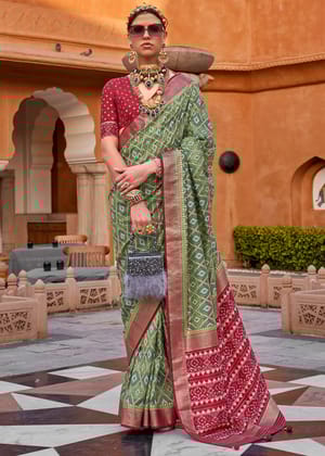 "Special Price": Ash Green Printed Patola Silk Saree