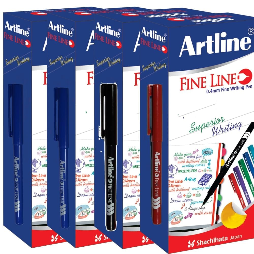 Artline Fine Line Pen Pack of 10 (Blue X 2, Black, Red) of Box 4 | For Superior Writing by Artists, Designers, and Students