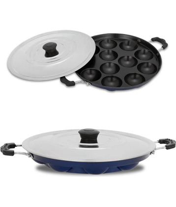 HomePro Non-Stick Appam with with Steel Lid 12 Cavity -Blue (Pack of 2)