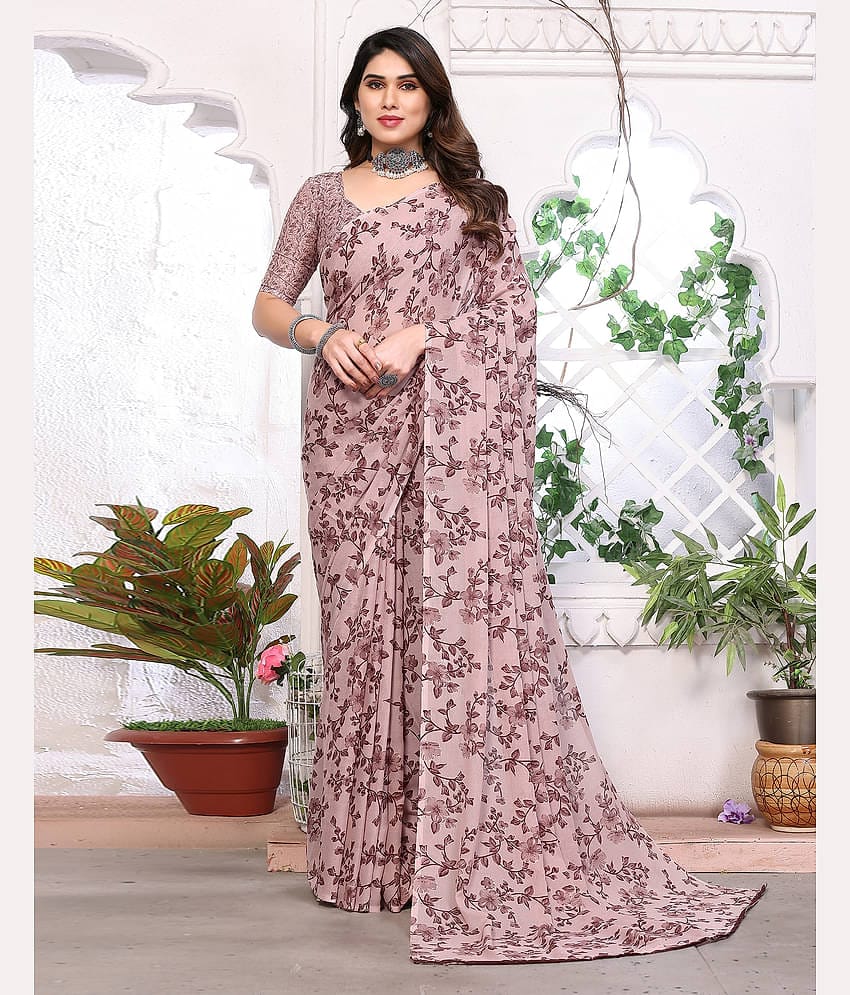 Samah Georgette Printed Saree With Unstitched Blouse Piece ( Pink )