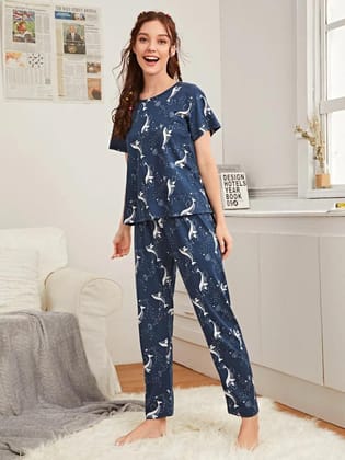 Women Printed T.Shirt & Pyjama Co-Ord Set-S