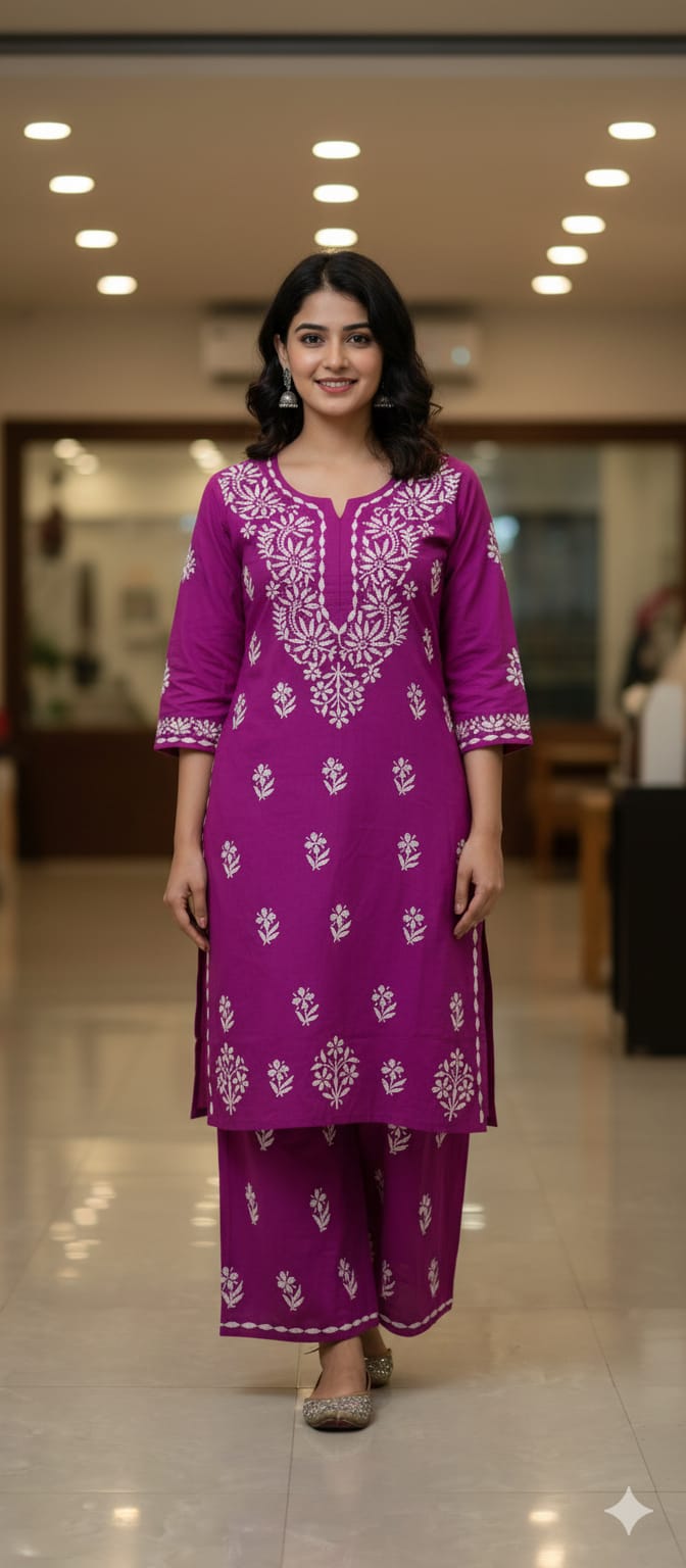 Lucknow Handwork Chikankari 2 Piece Palazzo Set With White Embroidery