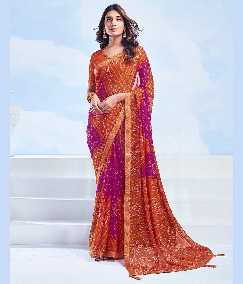 Satrani Chiffon Printed Saree With Unstitched Blouse Piece ( Navy Blue )