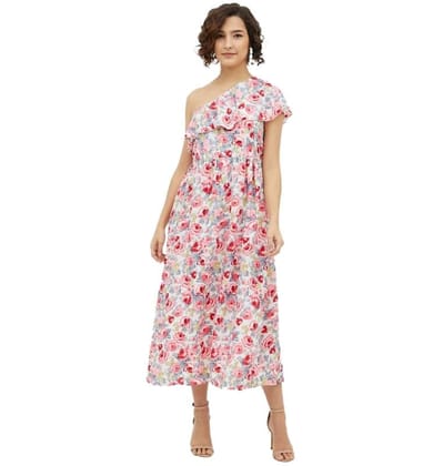 Women's Polyester Floral One Shoulder Calf-Length Dress (Multicolor, XL)-PID55793 Women's Polyester Floral One Shoulder Calf-Length Dress (Multicolor, XL)-PID55793