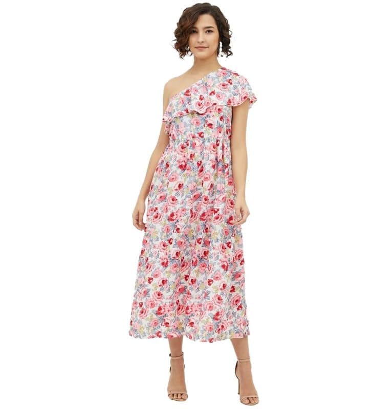 Women's Polyester Floral One Shoulder Calf-Length Dress (Multicolor, XL)-PID55793