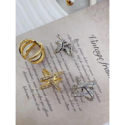 Dual Criss Cross Cubic Zirconia 18K Gold Copper Open Back Ring for Women-SILVER