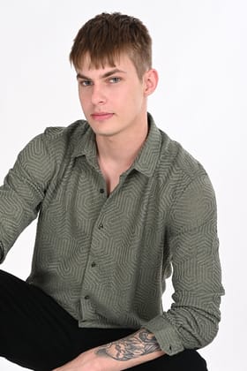 Olive Green Textured Regular Fit Shirt-S