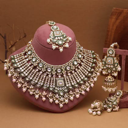 White Color Meena Work Kundan Necklace Set (KN1454WHT)-Adjustable Rope / White / Alloy With Good Quality Gold Plated