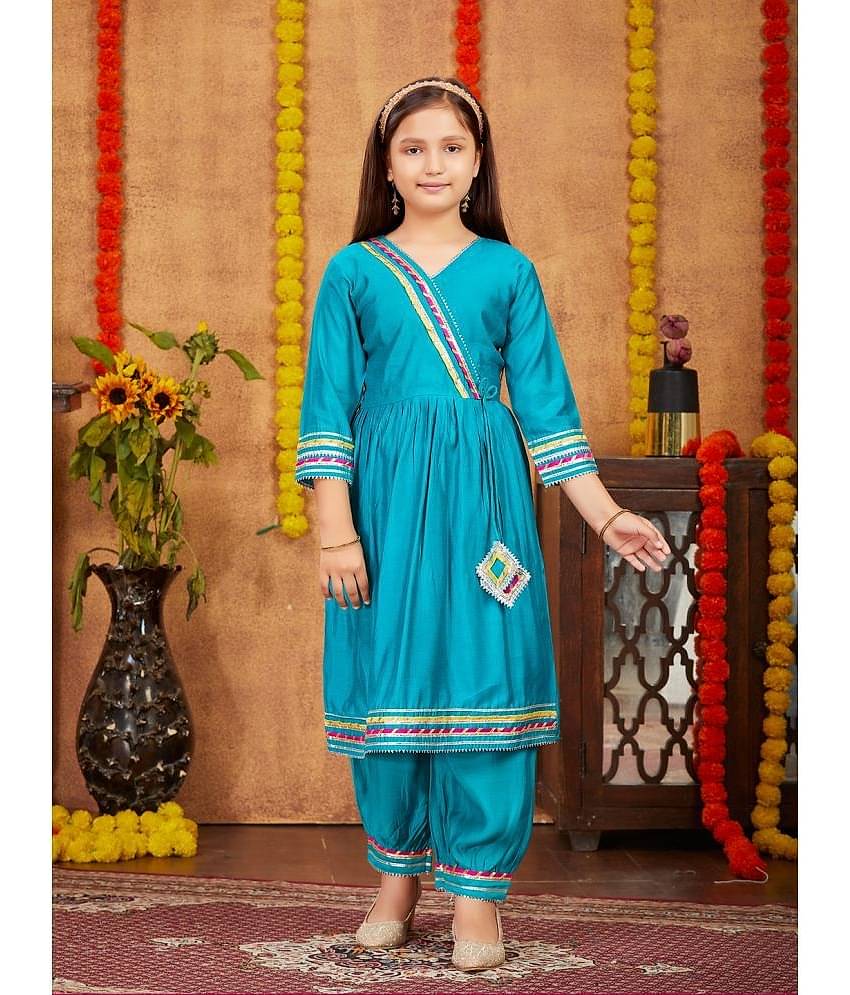 Aarika Girls Silk Patiala Kurta Set ( Pack of 1 , Turquoise )