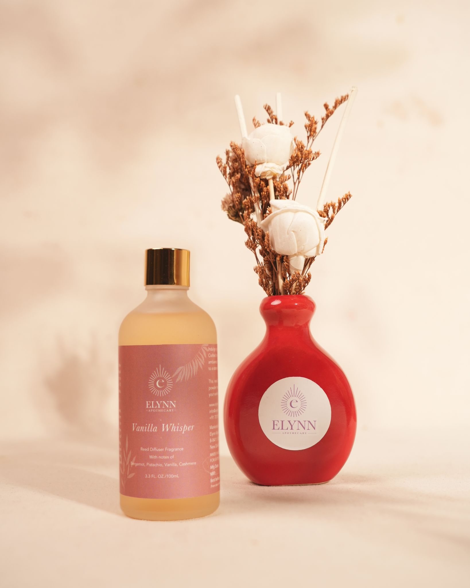 Elynn Apothecary Vanilla Whisper Reed Diffuser (100ml) | Aromatic Home Fragrance with Vanilla & Pistachio Notes | Includes Red Ceramic Vase