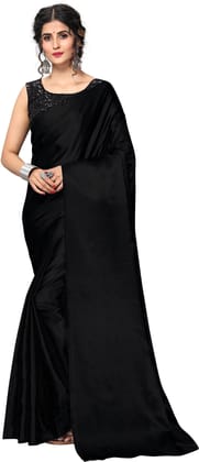 ANSH Womens Satin Solid Saree length (5.5m) & Blouse Piece Size (0.8m) (Black)
