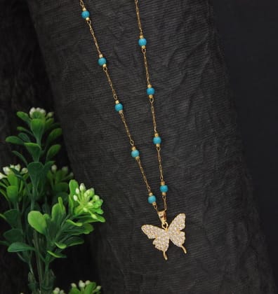 Stainless Steel Butterfly Pendent Pearl Chain Necklace - STN