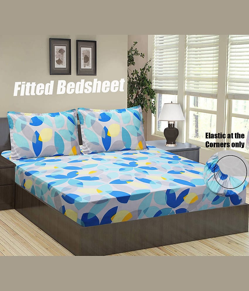 Home Candy Microfiber Floral Double Fitted Bedsheet with 2 Pillow Covers - Blue