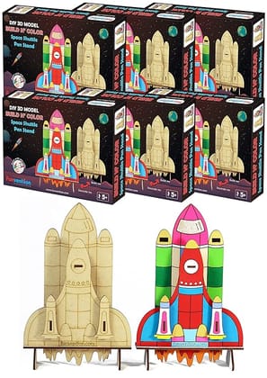 Funvention Space Shuttle - 3D Coloring Model (Pack of 6) - DIY Desk Organizer Pen Stand - STEM Leanring 3D Puzzle Toy - Art, Coloring and Painting Kit for Kids - Birthday Return Gift,Kids Party Pack