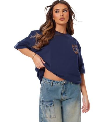 Leotude Women Cotton Blend Printed Oversized Fit Round Neck T-Shirt ( Navy Blue )