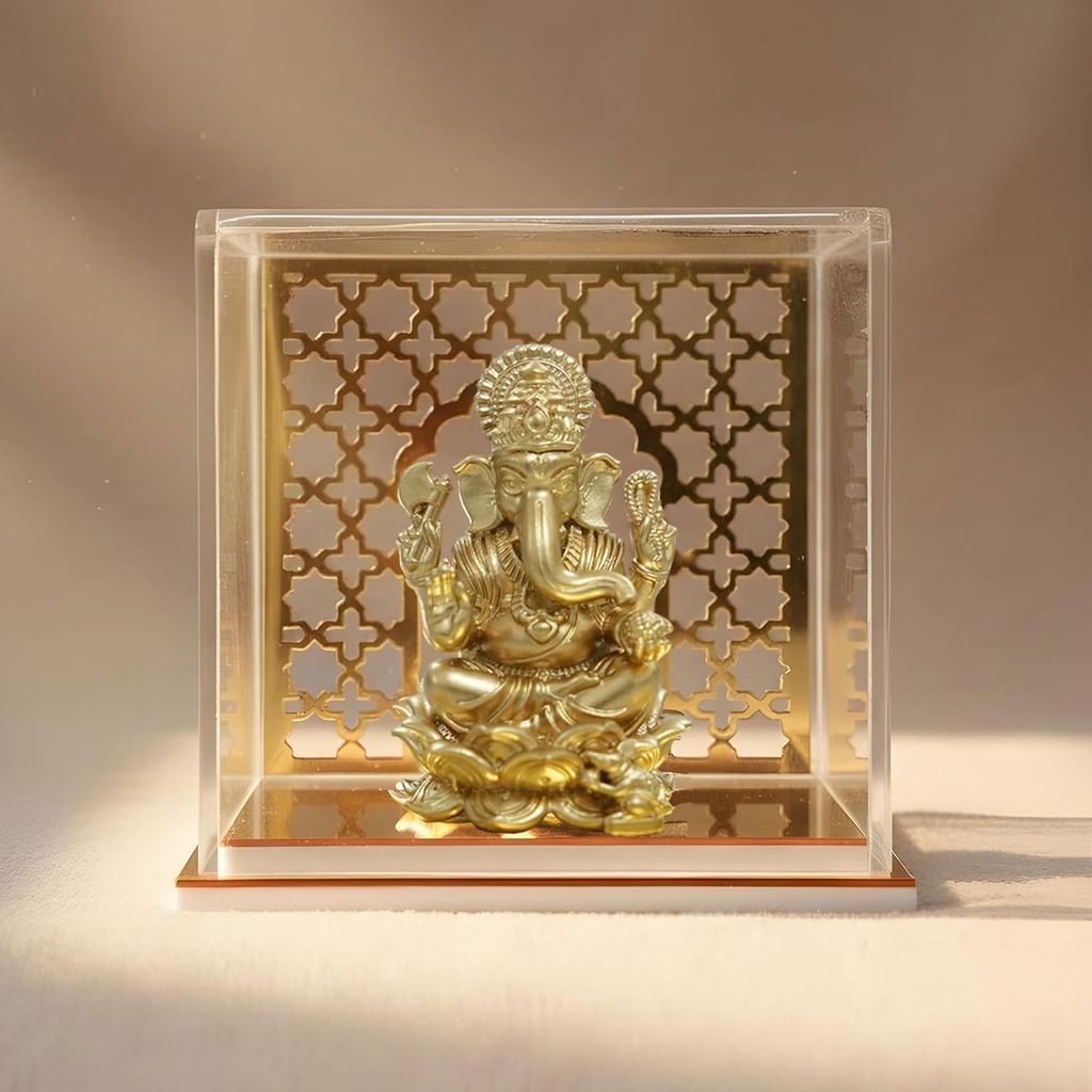Brahma 3D Farm Kamal Vinayak Ganesha Idol with Temple 3D Printed in Clear Acrylic Display Box, Home Decor, Car Dashboard (2 Inch, Gold)