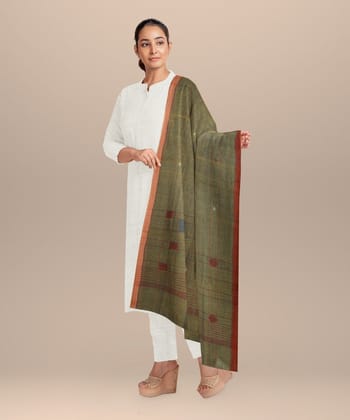 Cyan green white rust handloom cotton natural dyed dupatta