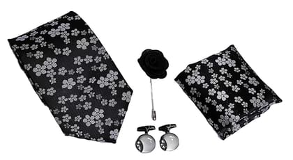 VOICI France mens necktie pocket square and cufflink combo gift set grey colore free size - Black and Gray