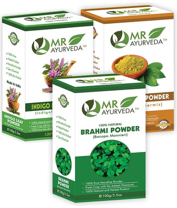MR Ayurveda 100% Organic Brahmi, Indigo & Henna Powder Hair Scalp Treatment 300 g Pack of 3