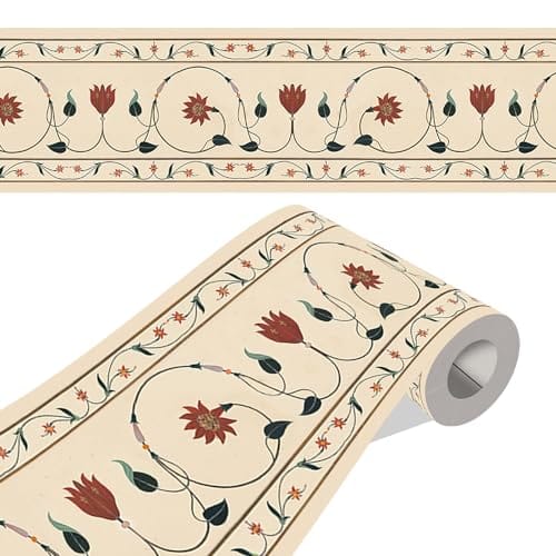 Wallpaper Border - Floral Stone Marble Inlay Pattern - Glossy Laminated Waterproof PVC - for Kitchen, Tile, Living