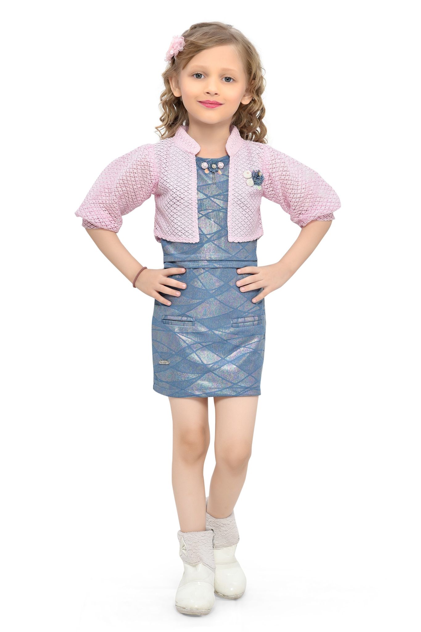 Be:Kids Chic Blossom Girls' Shimmering Blue Geometric Dress with Pink Crochet Shrug Set