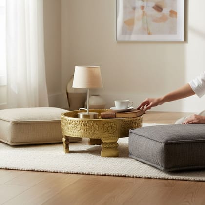 VMAntique Decor Handicraft Chakki Table, Bedroom Decors Lamp-Table, Brass Embossed Wooden Grinder Table, Coffee Table Cum Cocktail Table