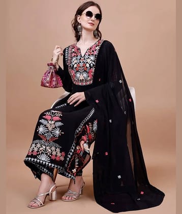 Trijal Fab Georgette Embroidered Kurti With Pants Women's Stitched Salwar Suit - Black ( Pack of 1 )