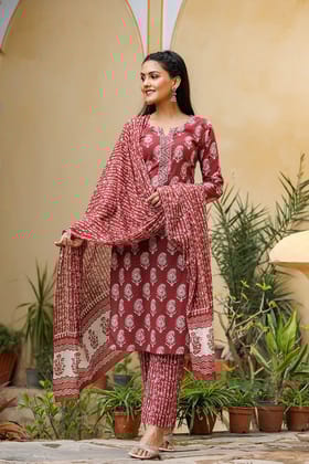 Maroon Cotton Blend Straight Suit Set VKSKD1030