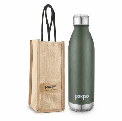 Pexpo Stainless Steel Hot and Cold Vacuum Insulated Flask with Jute Bag | 1500ml, Military Green, Electro | Lightweight & Keeps Drinks Hot/Cold for 24+ Hours