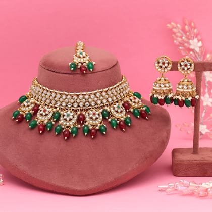 Maroon & Green Color Choker Kundan Necklace Set (KN1456MG)-Adjustable Rope / Green / Alloy With Good Quality Gold Plated