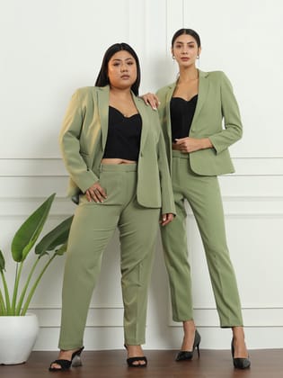 Notched Collar  Pant Suit - Olive Green-XS