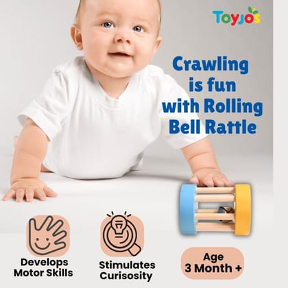 TOYJOS Wooden Baby Rattle Toy | Sensory Development, Musical Shaker, Rolling Bell Rattle | Natural Anti-Bacterial Jhunjuna for Newborn Infants, Toddler | Birthday Gift for Boys and Girls (0-12 Months)