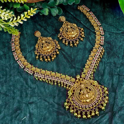 Exquisite Gold-Plated Necklace Set with Pink and White Stones - Traditional Bridal Jewelry
