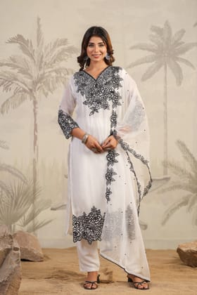 Organza kurta, pant and dupatta set with heavy cut work embroidery-M