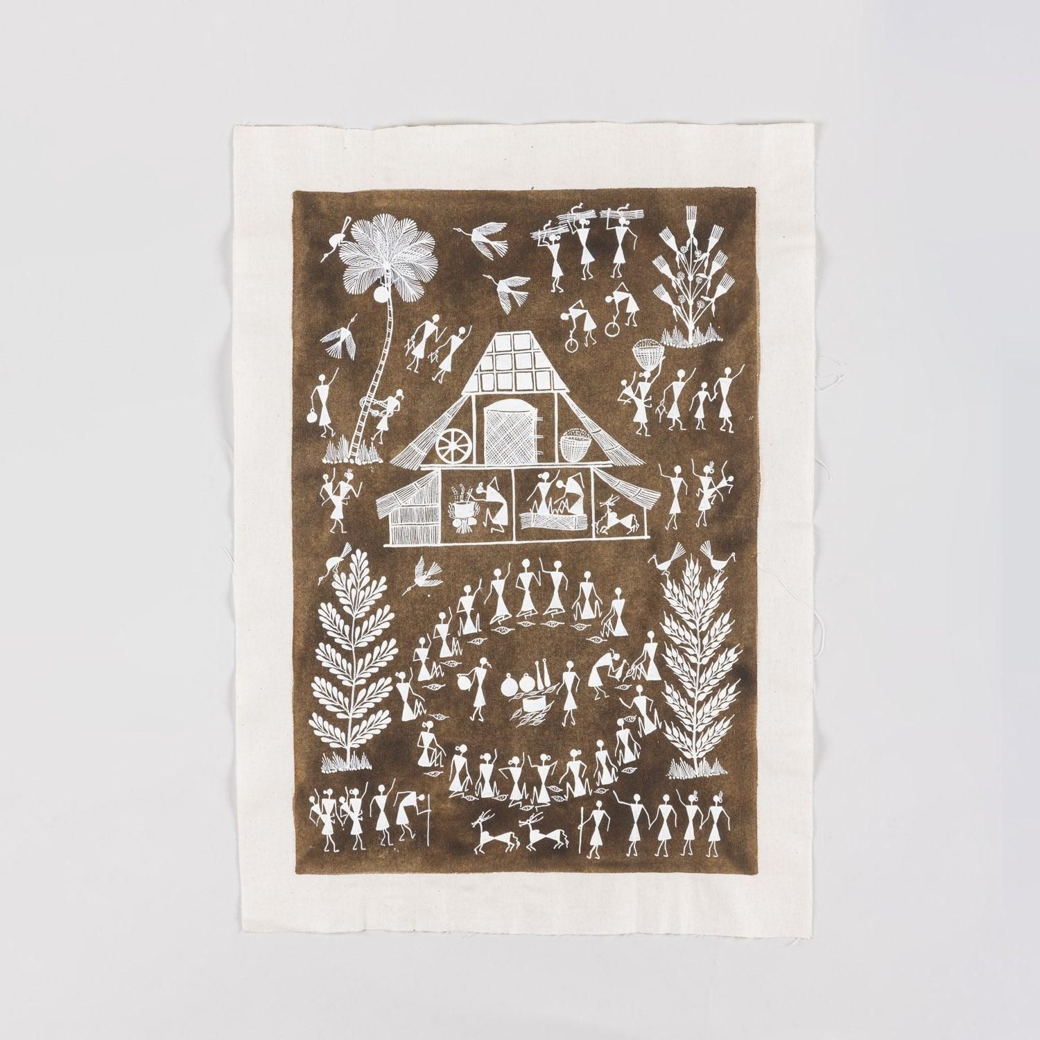 Eyaas Warli Painting of Community Gathering with Bonfire on Cotton Cloth Unframed