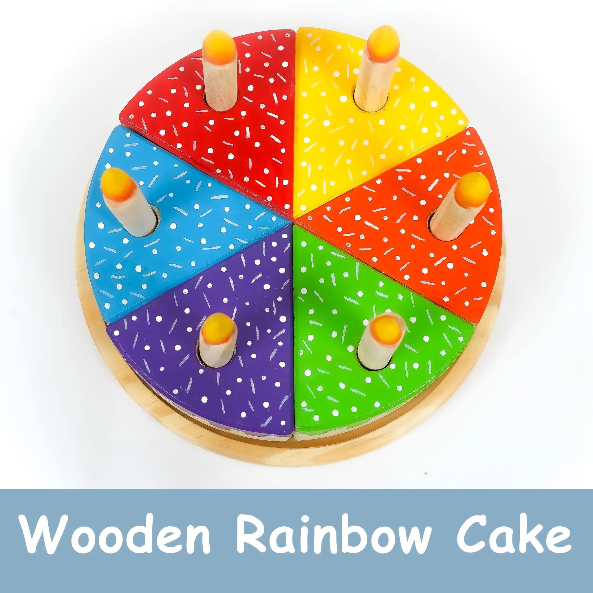 Wooden Rainbow Fruit Surprise Cake Toy 6 slices, 6 removable candles