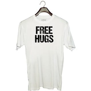 UDNAG Unisex Round Neck Graphic 'Hug | Free Hugs' Polyester T-Shirt White