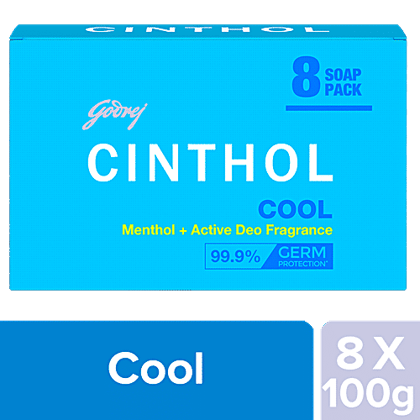 Cinthol Cool Menthol + Active Deo Fragrance Soap, 99.9% Germ Protection, 100 g (Pack of 8)