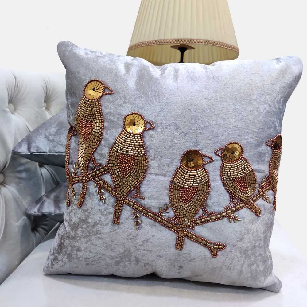 Suede Grey Silver Set of 3 Ethnic Beaded Embroidered Square Combo Cushion Covers for Sofa Home Bedroom (16x16 inch or 40 x 40 cm) - Ethnic Shoes | Buy online on ZillyBuy