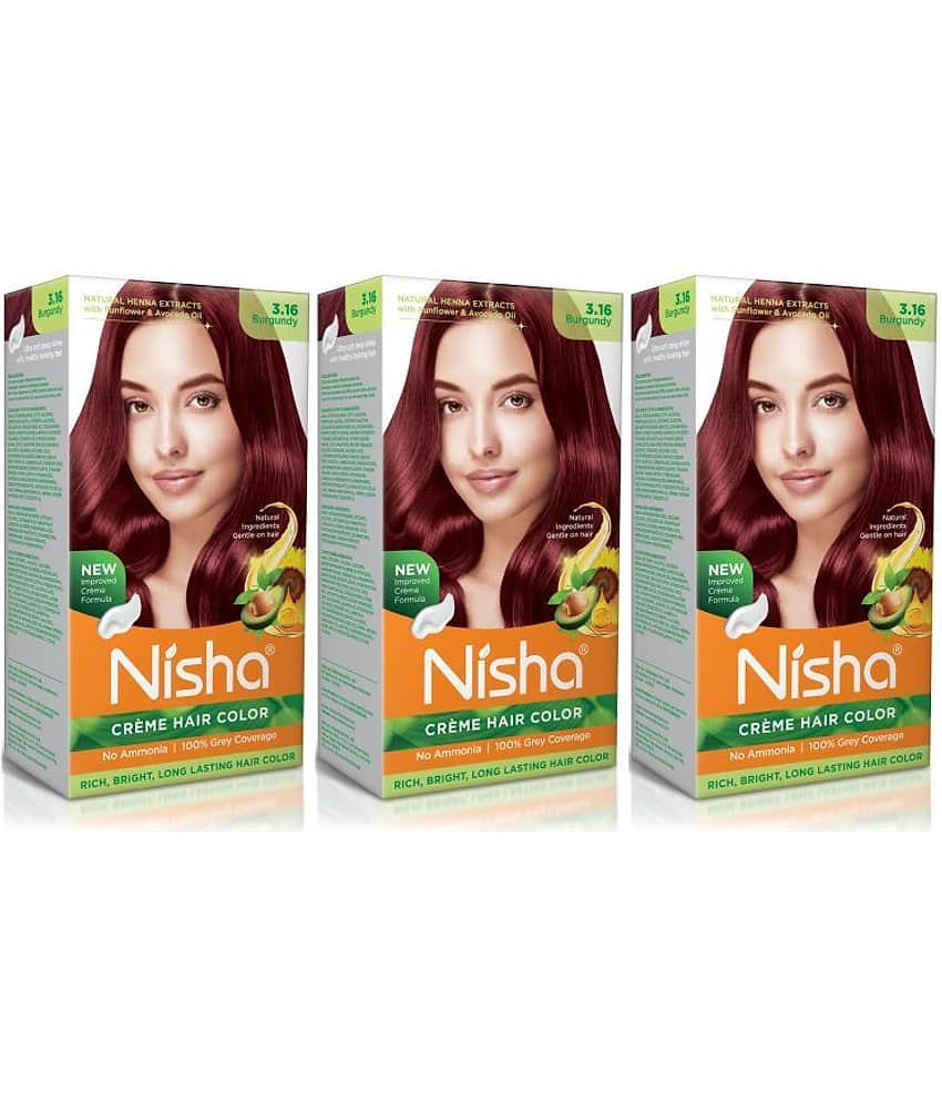 Nisha Creme Hair Color 3.16 Burgundy 120g Pack of 3, Permanent Hair Colour for Women Men, No Ammonia, 100% Grey Coverage