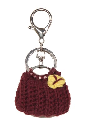 Sukeshcraft Handmade Crochet Mini Bag Keychain, Woolen Purse Shape Key Ring with Yellow Flower, Maroon
