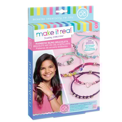 Make It Real Rainbow Bling Bracelets Kit|Create 5 Unique Cord Charm Bracelets|82 Pieces, Includes Play Tray, All-in-One, DIY Bracelet Kit, Tweens & Girls|Arts & Crafts|Kids Ages 8+|Made in India