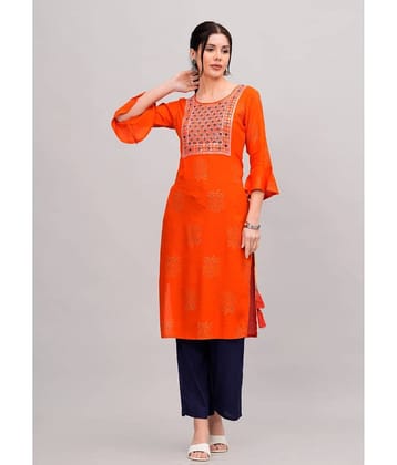 MAUKA Rayon Embroidered Kurti With Palazzo Women's Stitched Salwar Suit - Orange ( Pack of 1 )