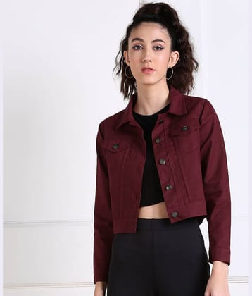 Montrez Women Shirt Collar Denim Jacket ( Maroon )