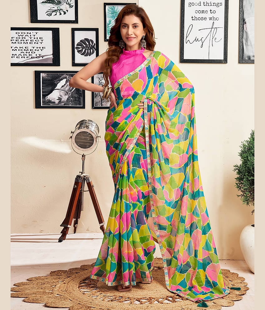 Samah Georgette Self Design Saree With Unstitched Blouse Piece ( Green )