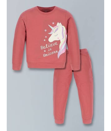 PLUM TREE Pack of 1 Girls Cotton Blend Sweatshirt With Joggers ( Pink )