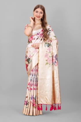Yavira silk Women's Cream Floral Silk Blend Saree