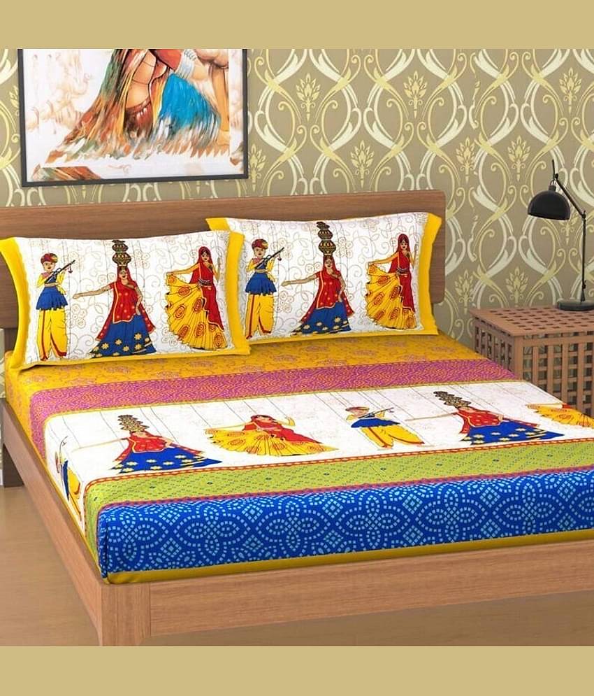 ABHACLOTHO Cotton 1 Double Bedsheet with 2 Pillow Covers ( Yellow )