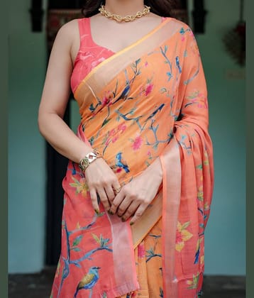 Almaari Fashion Linen Printed Saree With Unstitched Blouse Piece ( Multicolor )
