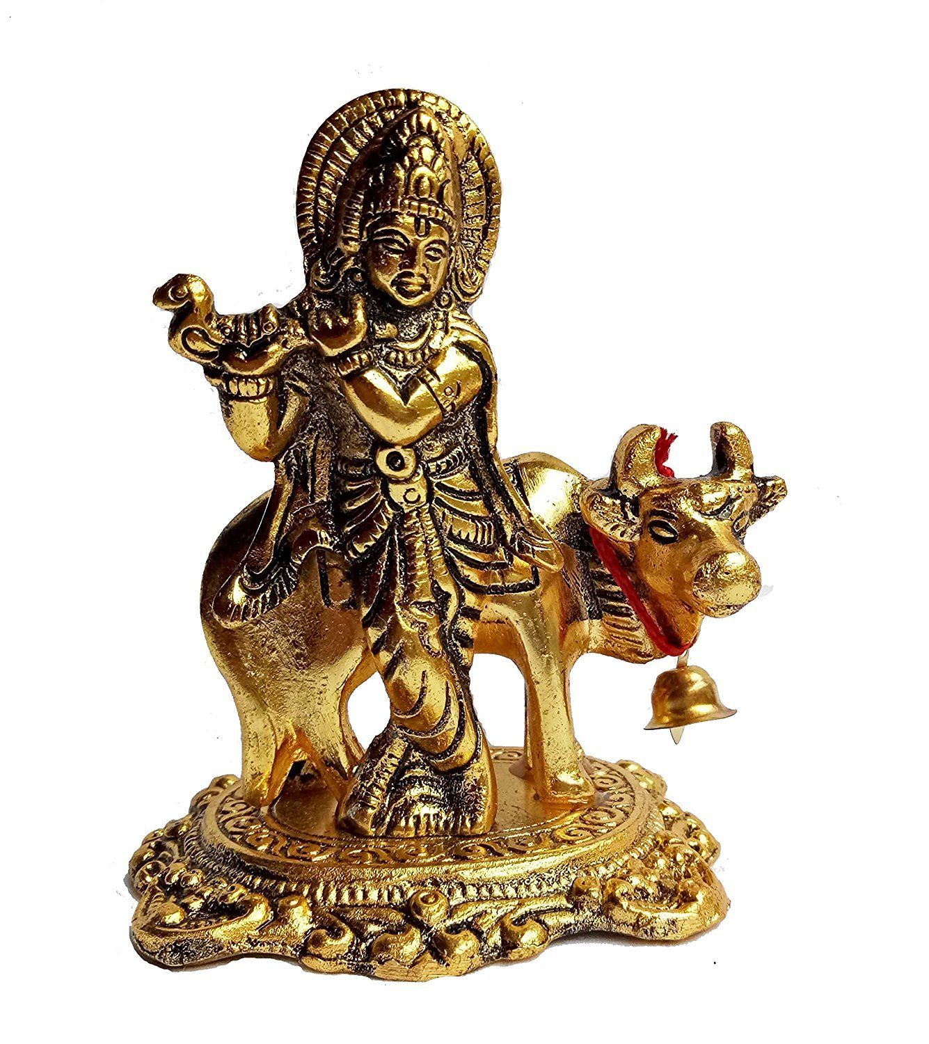 DreamKraft Metal Gold Elegant Kamdhenu Cow with Krishna showpiece Idol for Home Decor and Gift